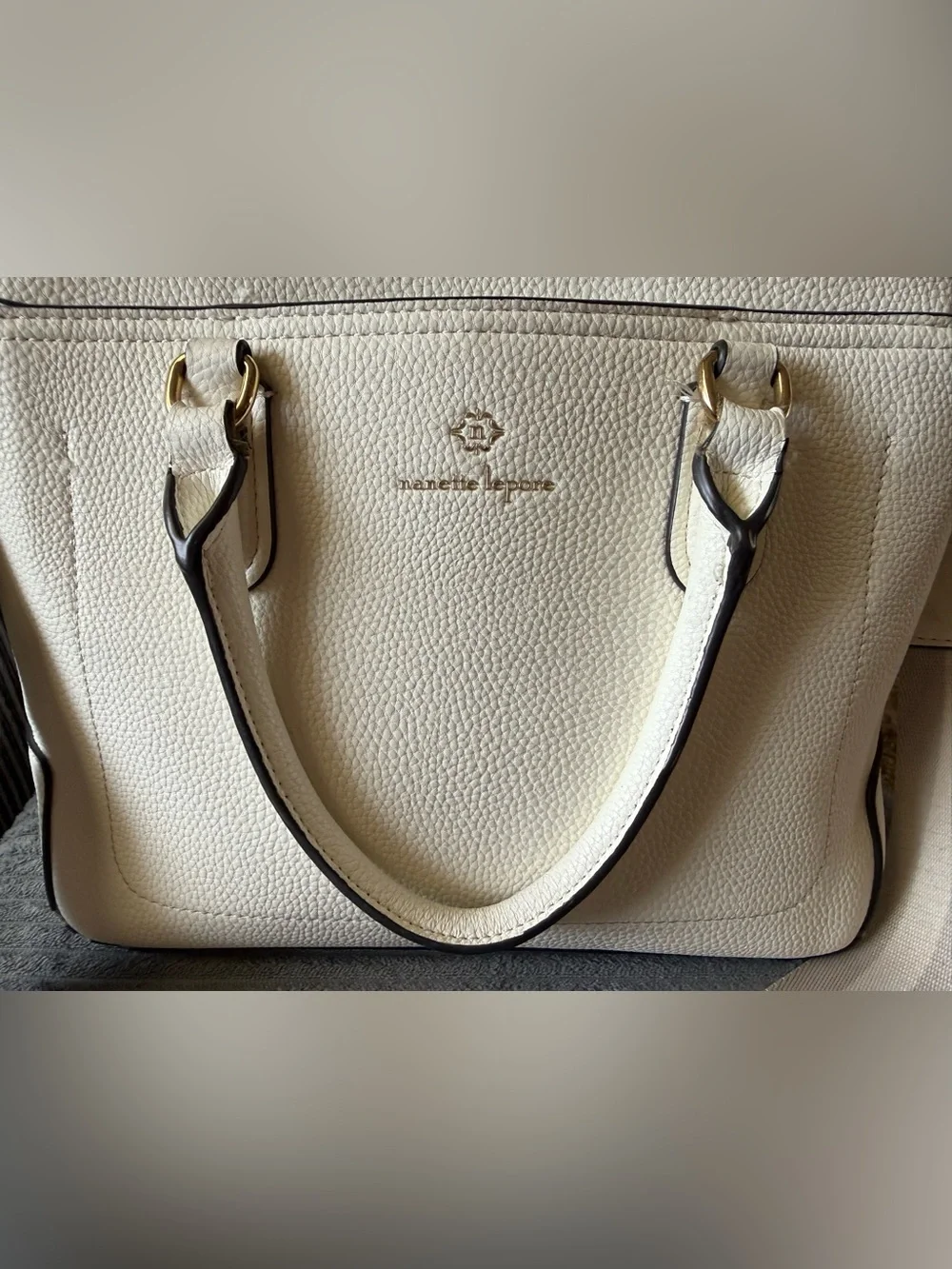 Nanette Lepore White Pebbled Leather Satchel Striped Crossbody Shoulder Strap